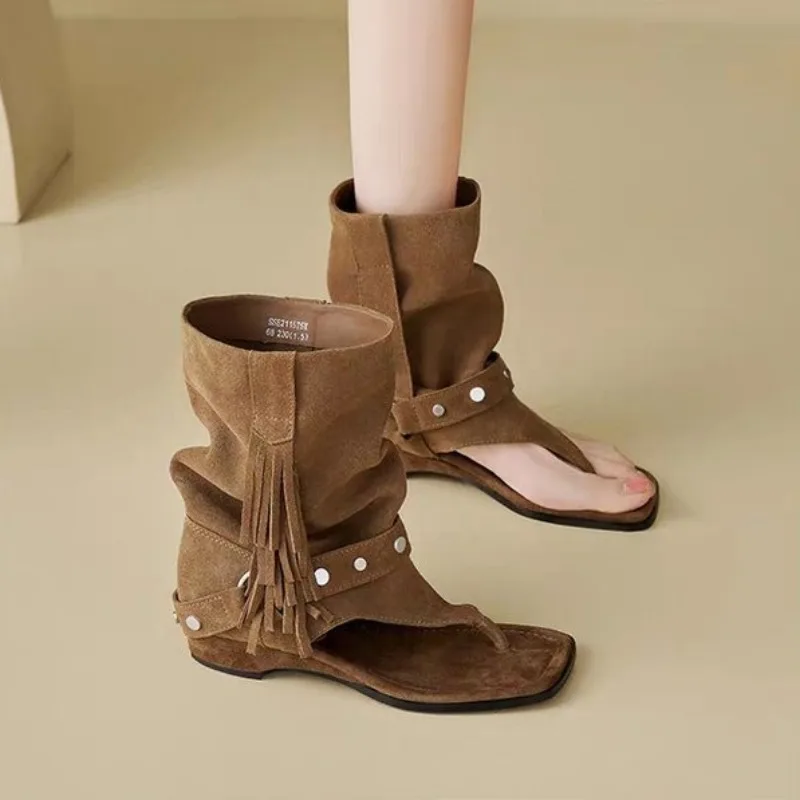 Women's Ankle Boots Square Toe Flat Heel Suede-Look Upper Fringe Tassels Studded Accents Casual Summer Vacation Outdoor Footwear