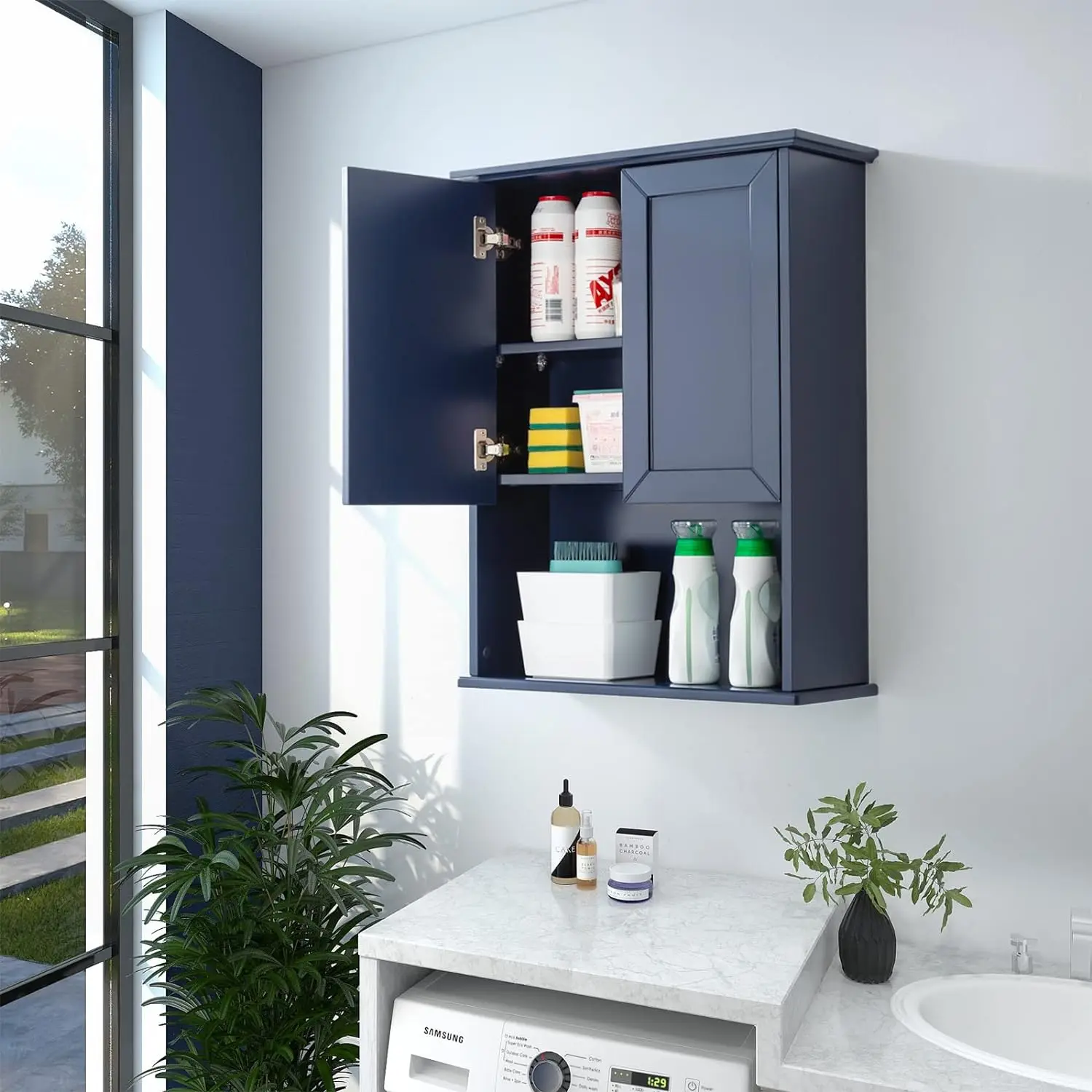 Blue Bathroom Cabinet Wall Mounted with 2 Doors and Adjustable Shelf, 23