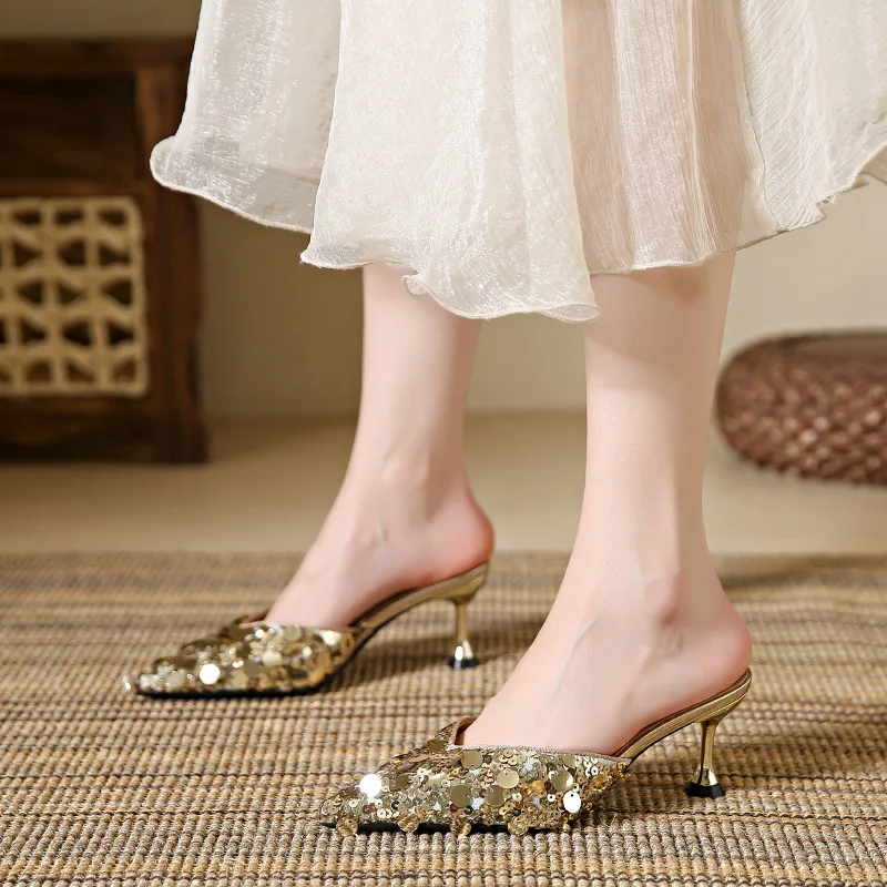 

Luxury Sequins Pointed Toe Stilettos Mules Women Slippers Summer New Fashion Slides Designer High Heeled Sandals Female Tacones