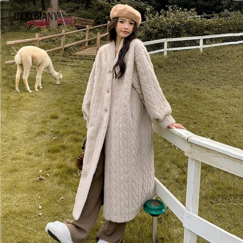 

Women Below Knee Full Sleeve Loose Warm Long Jacket Outercoat Winter Light Khaki Embossing Twist Pattern Faux Mink Fur Coat