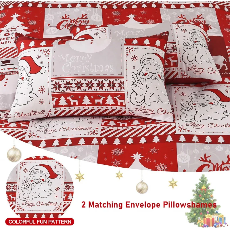 Christmas tree reindeer snowman pattern duvet cover with 2 pillowcases, soft red bedding set for holiday and New Year gifts