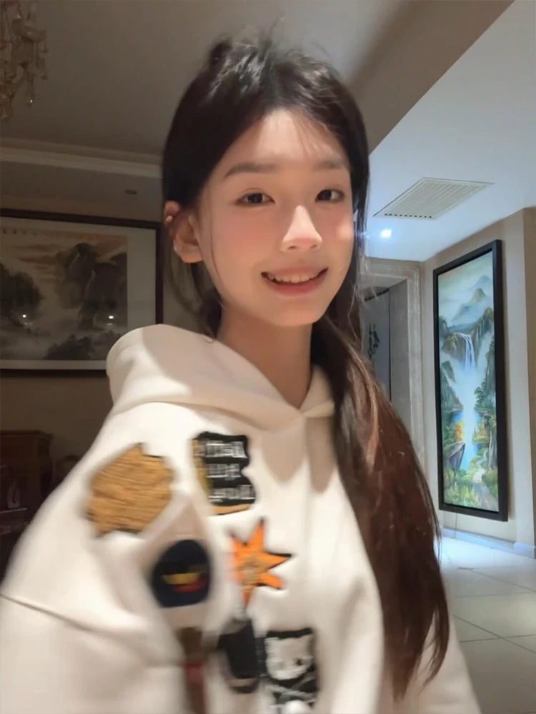 

Белая толстовка с вышивкой в американском стиле High Street, женская весна 2024, новинка оверсайз, свободная модная брендовая верхняя одежда Street Sle