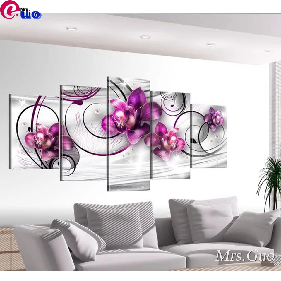 Diamond Painting Color Floral Wall Art Orchid 5 Pieces Kit Full Square Round Drill Diamond Embroidery Cross Stitch Handmade Gift