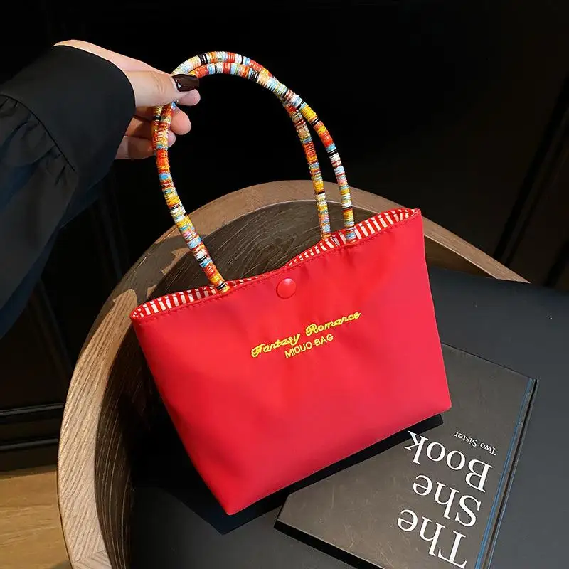 Korean Style Canvas Handbag Portable Color Rope Handle Practical Outdoor Single Shoulder Bag Small  Trendy Bag for Women