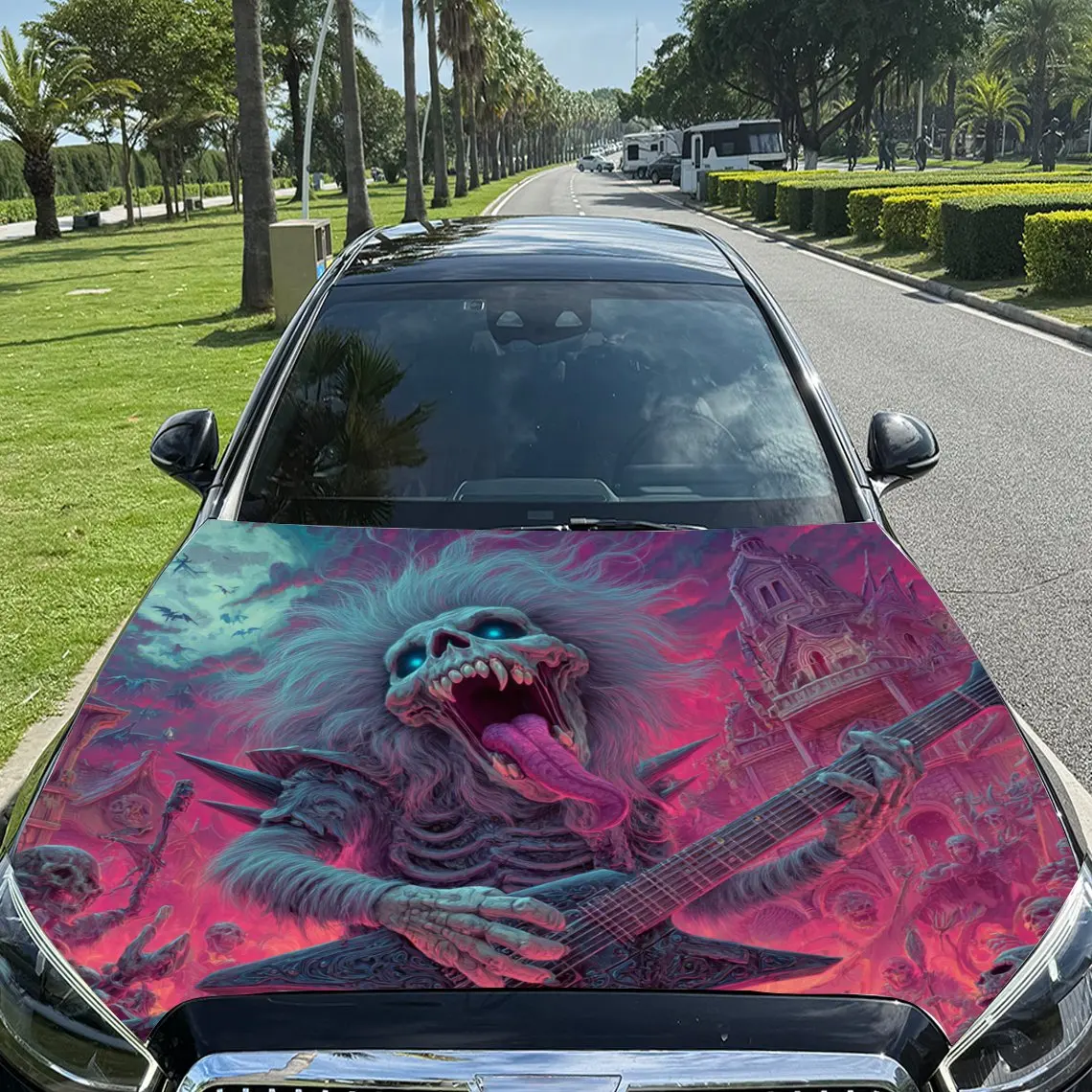 

Crazy Skull Guitarist Pattern car hood stickers, waterproof self-adhesive, scratch resistant, easy to stick, durable car PVC sti