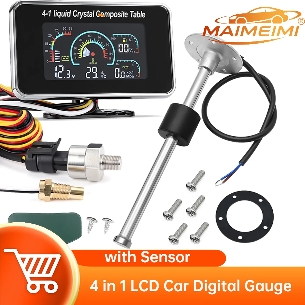 4 in 1 LCD Car Digital Gauge Voltmeter Oil Pressure Fuel Water Temp Meter 1/8 NPT with 100-600MM Fuel Sensor