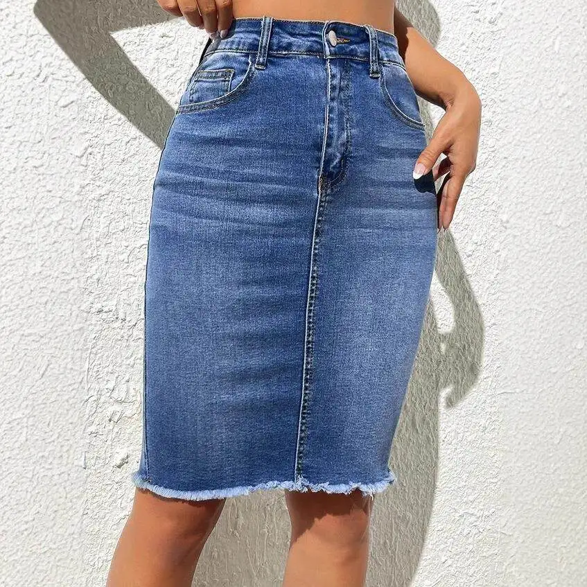Elastic High Waist Frayed Hem Denim  Skirt Wrap around Body Independent Station New Style Men's Fashion Autumn Seven Sleeve view 4