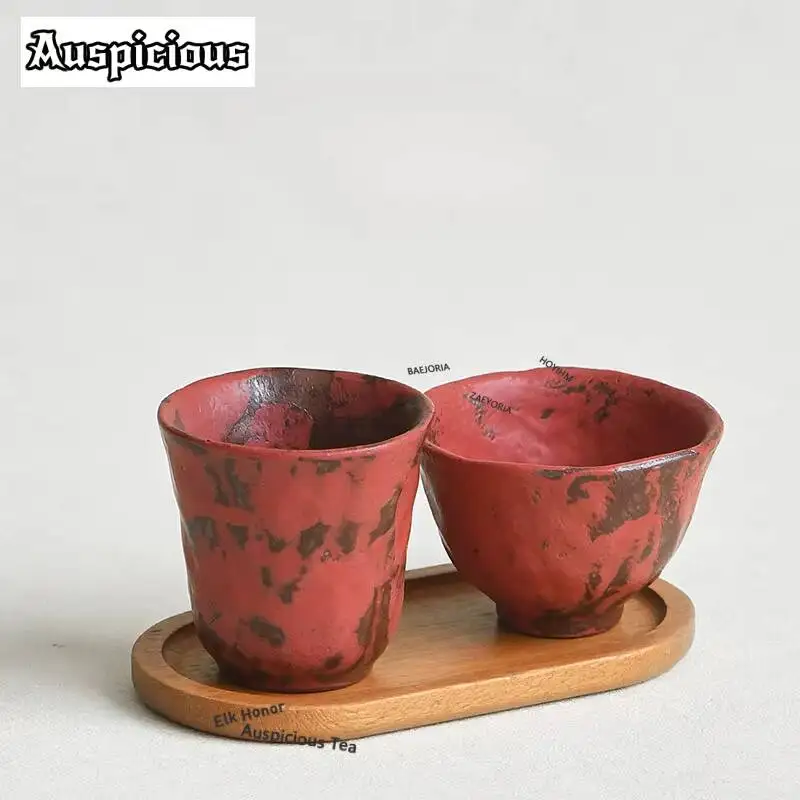 ZAEYORIA 3pc/set Pink Yin Makeup Red Rustic Teacup Antique Tea Bowl Jug Tea-tasting Fragrance Cup Jianzhan Master Cups Tableware