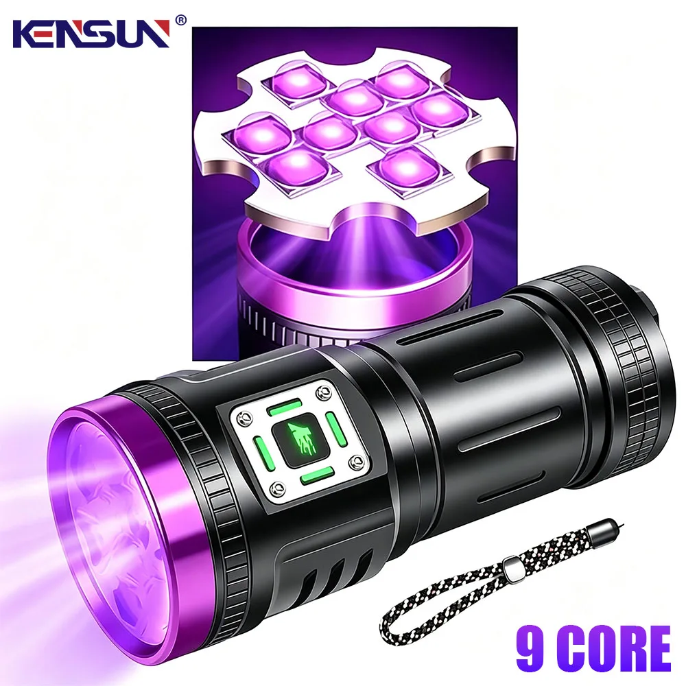Lampe UV 9LED Haute Puissance 395NM, Lampe Torche UV Puissante, Détection de Lumière Violette, Rechargeable par Type-C, Lampe Ultraviolette LED