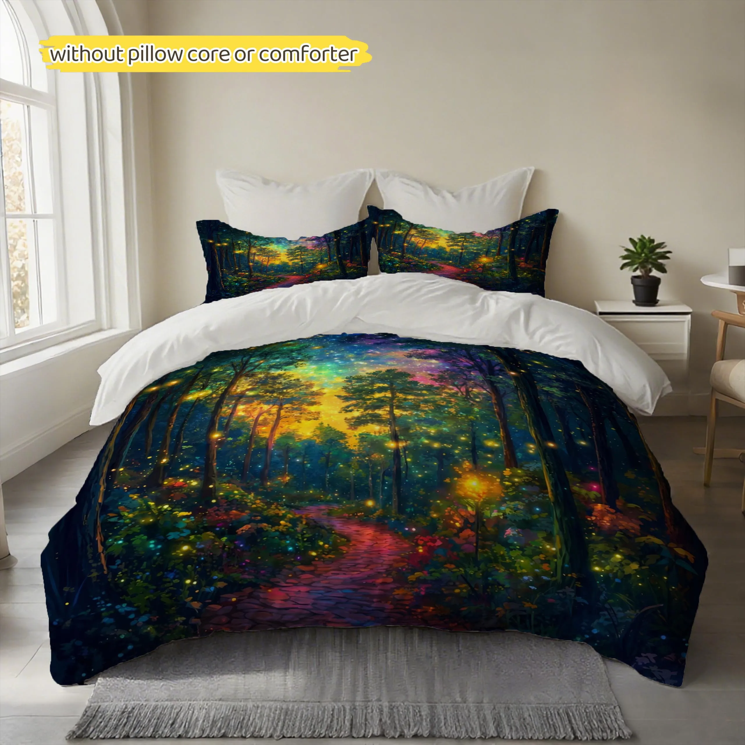 2D Duvet Cover Set Charming Forest Galaxy Pattern Printed Duvet Cover Set 100% Polyester Fiber Duvet Cover Ultra Soft Brushed Bedding 3 Piece Set for Bedroom Hotel