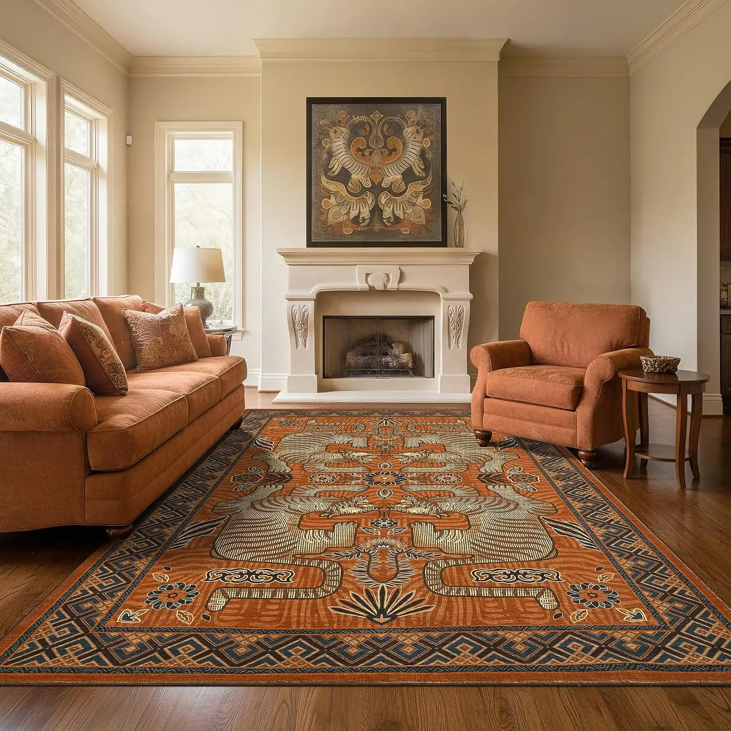 Tibetan Tiger Tribal Animal Print Floor Mat Boho Vintage Washable Non Slip for Living Room Bedroom Home Decor Area Rug Carpet