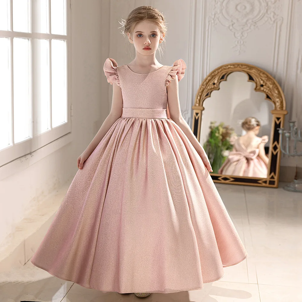 

V Back Big Bow Girls Long Skirt Children Satin Luxury Dress For Kids Wedding Birthday Party Pageant Ceremony Formal Ball Gown