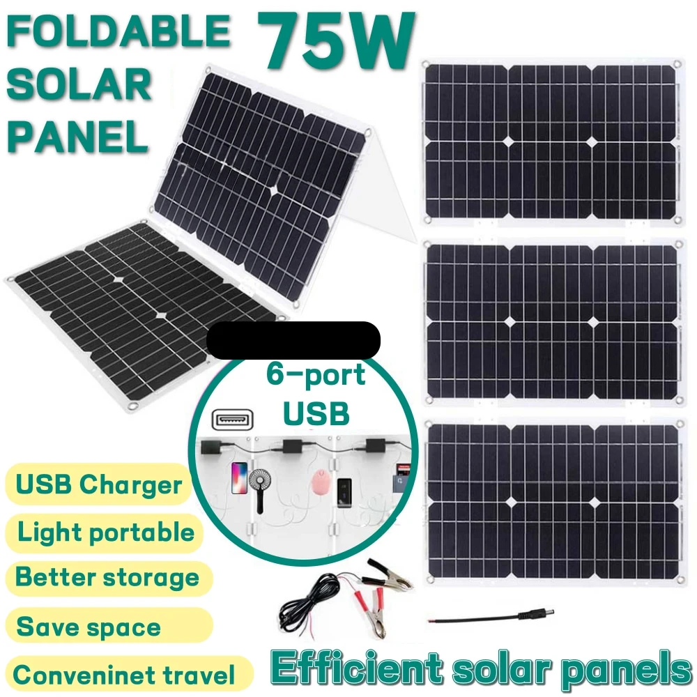 JUXING 75W 12V single crystal solar panel with 6 USB ports, suitable for outdoor, travel, RV, and fast battery charging