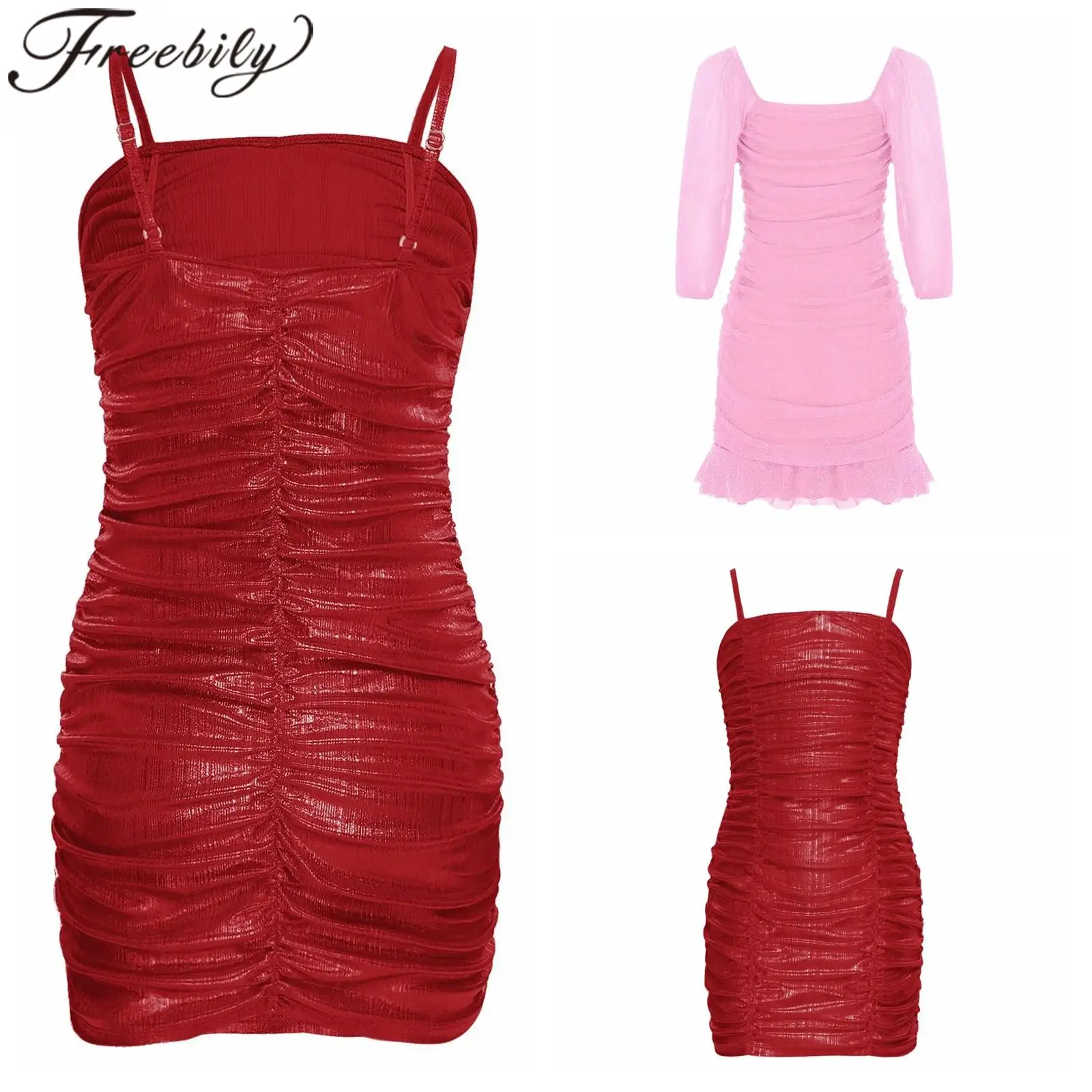 

Girls Prom Dress Teenage Girl Dress Ruched Shimmer Shiny Prom Party Mini Dress Pageant Gown Rave Music Festival Costumes