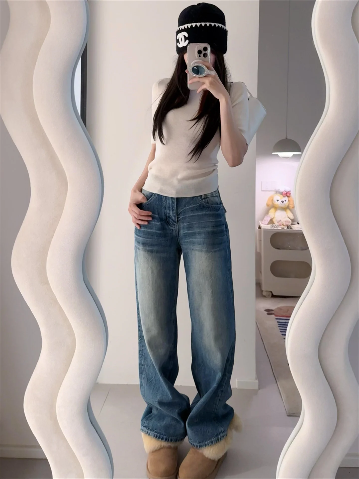 

Tall Women's Loose Fit Low Waist Wide Leg Denim Jeans Casual Vintage Blue Spring Slimming Pants Comfortable Cotton Cargo