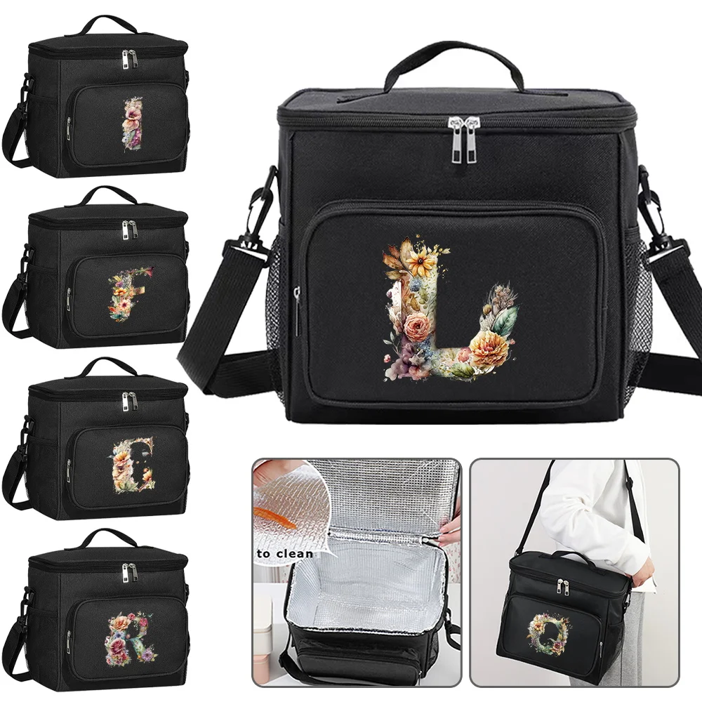 Insulated Lunch Bags Thermal Organizer Handbag Cooler Box for Student Portable Camping Storage Boxes Floral Letter Pattern