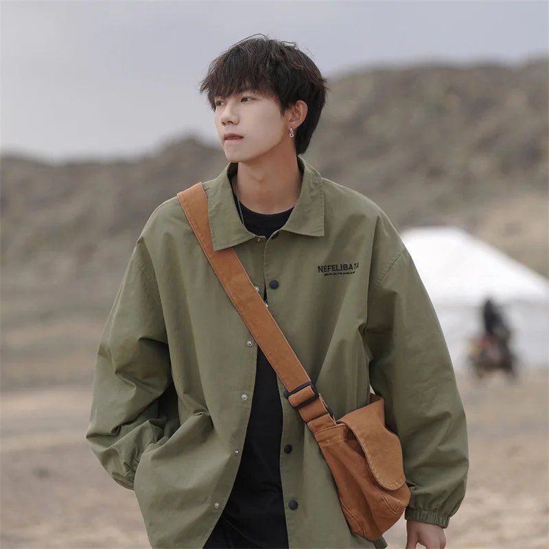 

Мужская свободная рубашка-куртка на весну-осень, новая повседневная модель, ветрозащитная, на одной пуговице, с длинным рукавом, однотонная