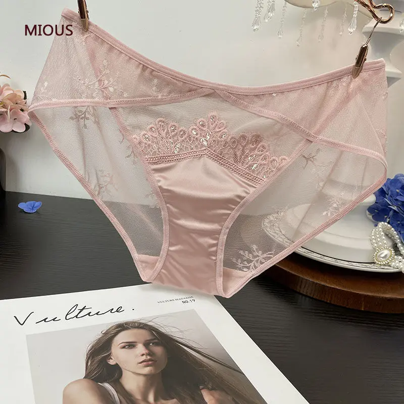 フレンチライト高級スパンコールジャカードレースブリーフ女性のシースルー薄い綿股ソフト繊細で快適な下着