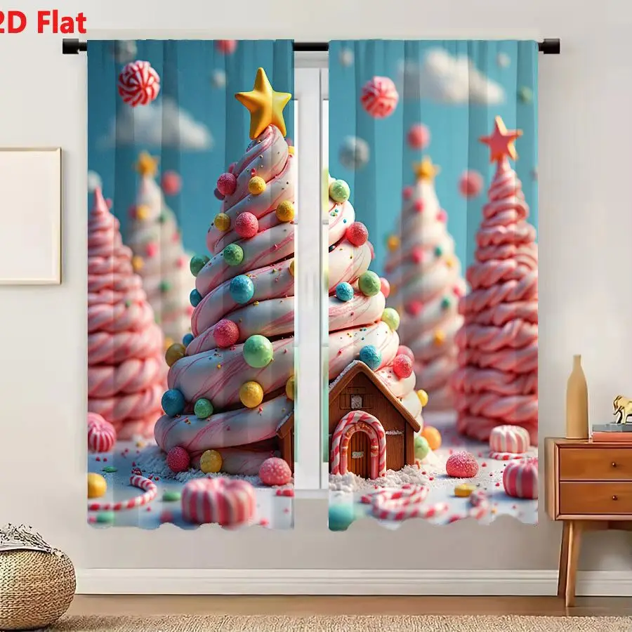 2Pcs Curtains 2D Flat Whimsical 3D-Rendered Candy-Coated Winter Wonderland Scene With Pink White Swirled Christmas Tree Yellow S