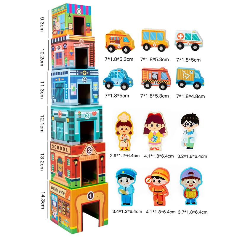 木製シティプレイセット、乗り物とキャラクタービルディングブロック付き、子供向け早期教育知育玩具、シティビルディングブロック