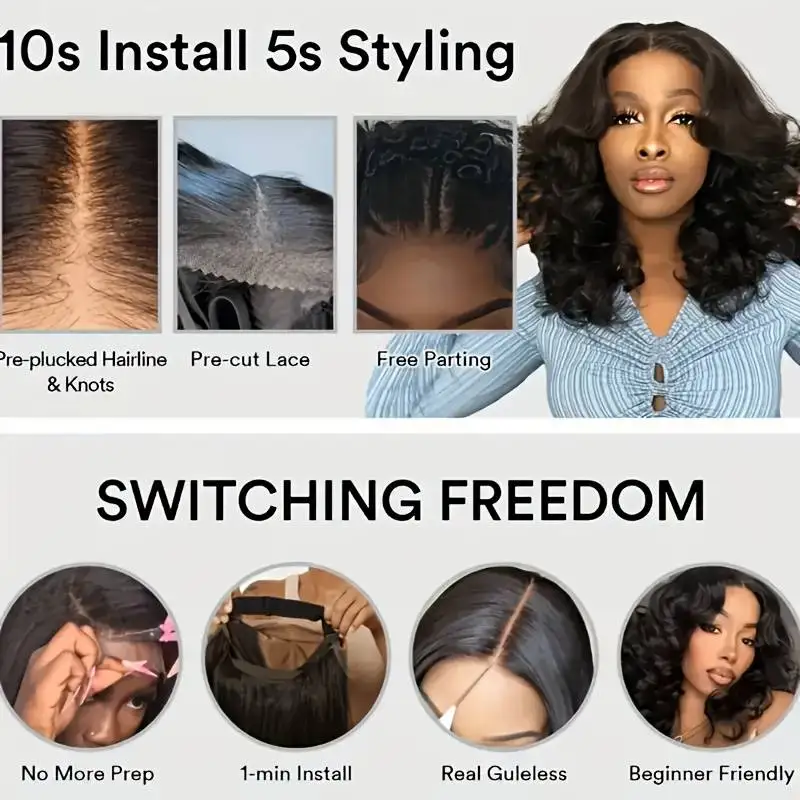 8-дюймовые натуральные черные объемные волны 220 Плотность 5x5 HD Парики фронтальной части шнурка Человеческие волосы Бесклеевые боб HD Парики фронтальной части шнурка для женщин