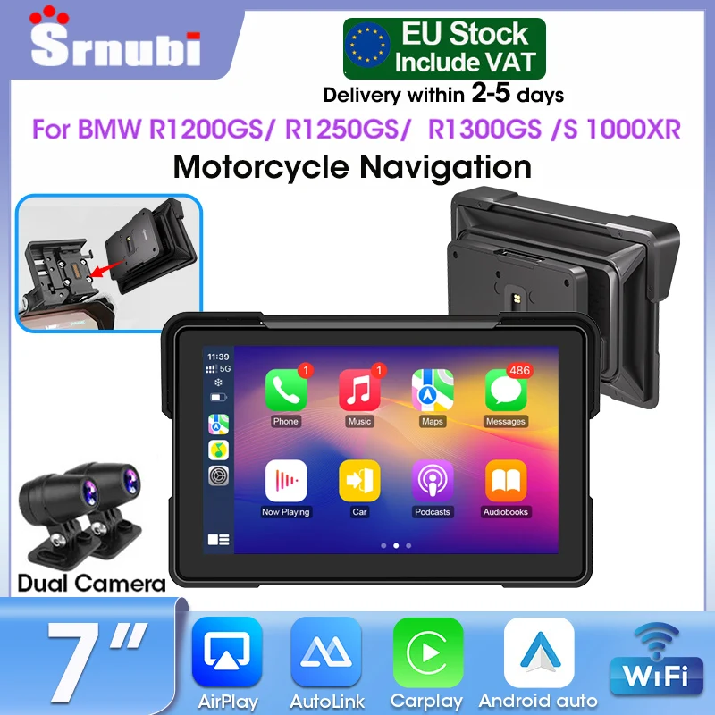 Caméra de tableau de bord DVR portable Srnubi 7 pouces pour moto, pour BMW R1200GS/ R1250GS/ R1300GS /S1000XR, Carplay, Android auto, double BT, enregistreur Moto