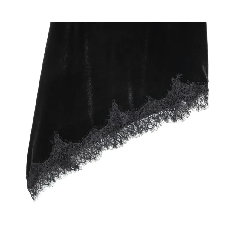 ربيع الخريف المرأة المخملية الدانتيل فستان ميدي مع تنحنح غير المتماثلة الخامس الرقبة رقيقة الأشرطة مثير عارية الذراعين المرأة ميدي فستان الإناث #5