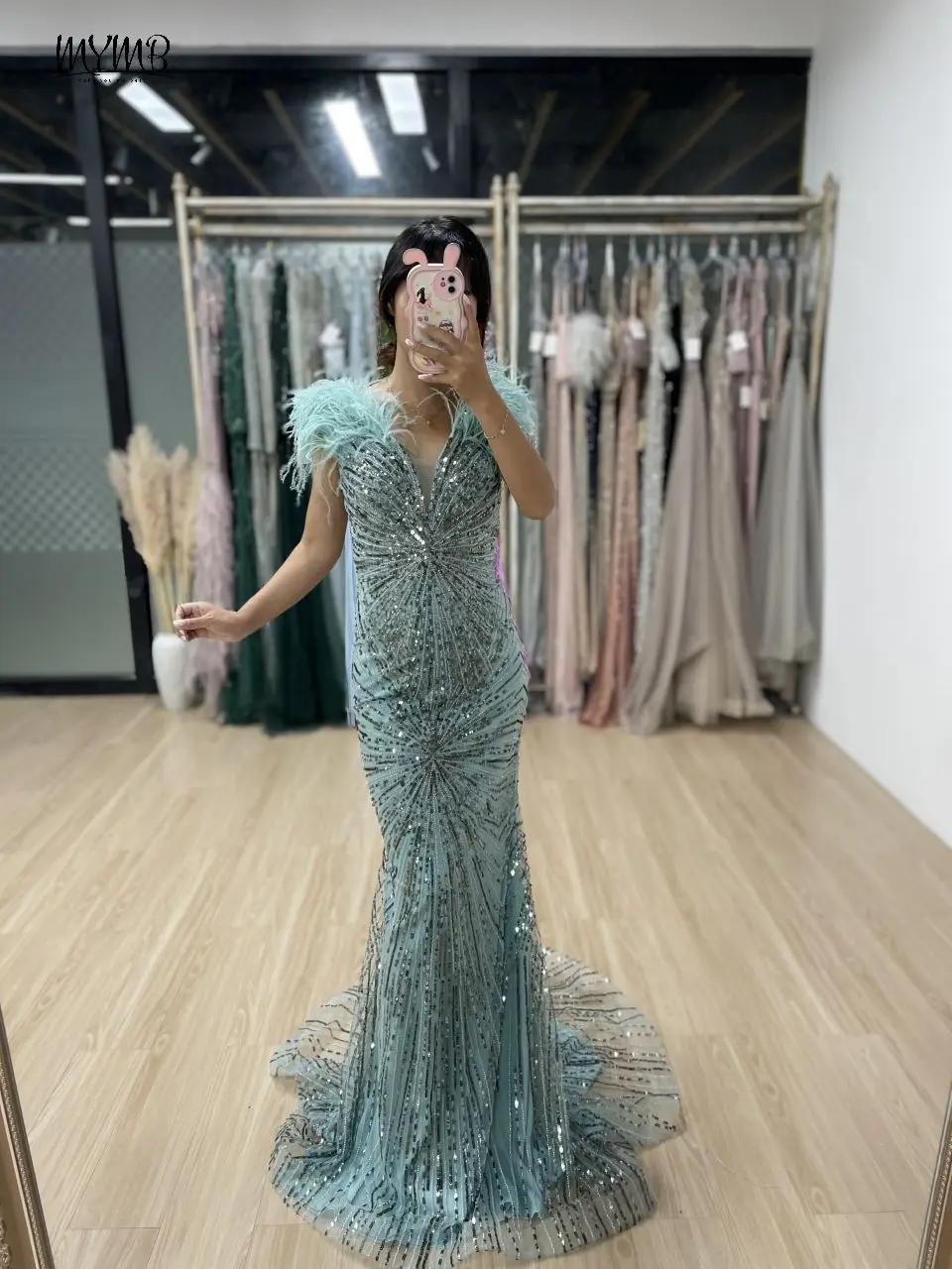 

MYMB Green Stunning Mermaid Beaded Feathers Formal Ocaasion Dresses 2024 Sexy V Neck Sleeveless Evening Gowns For Women Wedding