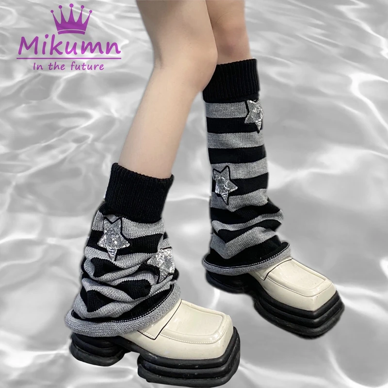 Mikumn Harajuku Women Winter Leg Warmers Socks Japanese Girl Gothic Striped Stars Knitted Warmer Long Socks Punk Foot Cover