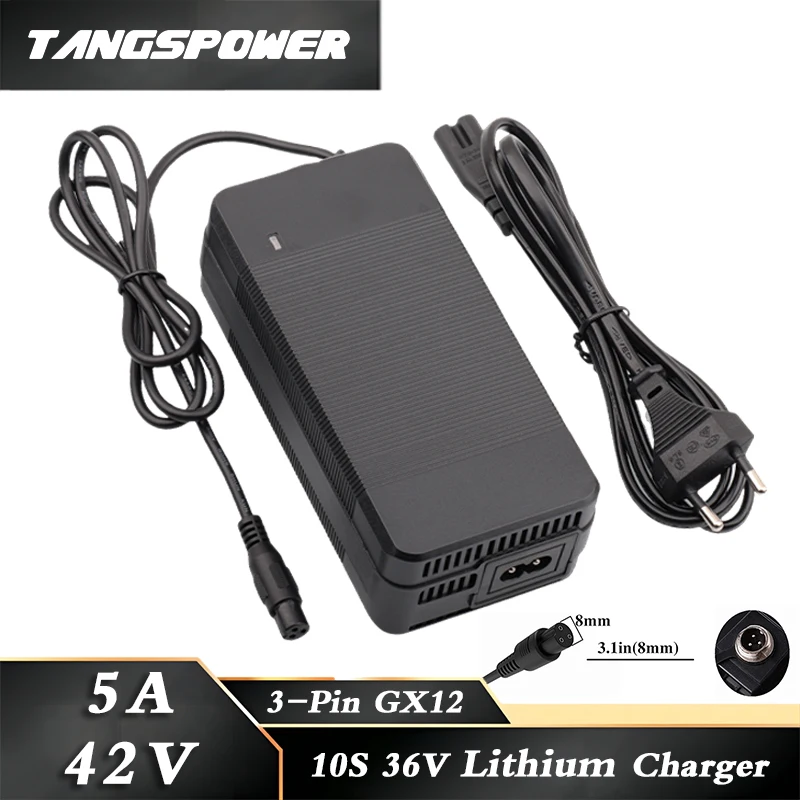 42V 5A Lithium Battery Charger 36V 10S Li-ion Battery Pack Fast Charging 3Pin-GX12 Connector With Cooling Fan Power Tool Charger