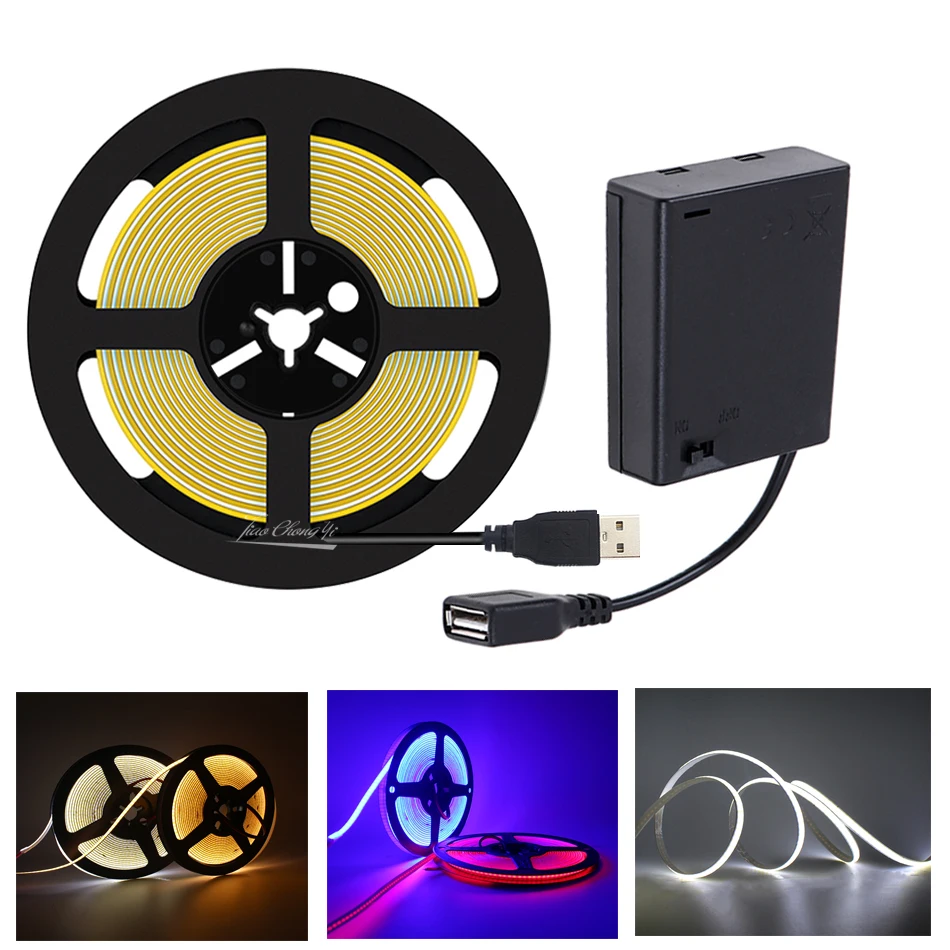 

5V Battery Powered COB LED Strip Light 320LEDs/M High Density Flexible FOB LED Tape Room Decor USB Ribbon Diode Linear Lighting