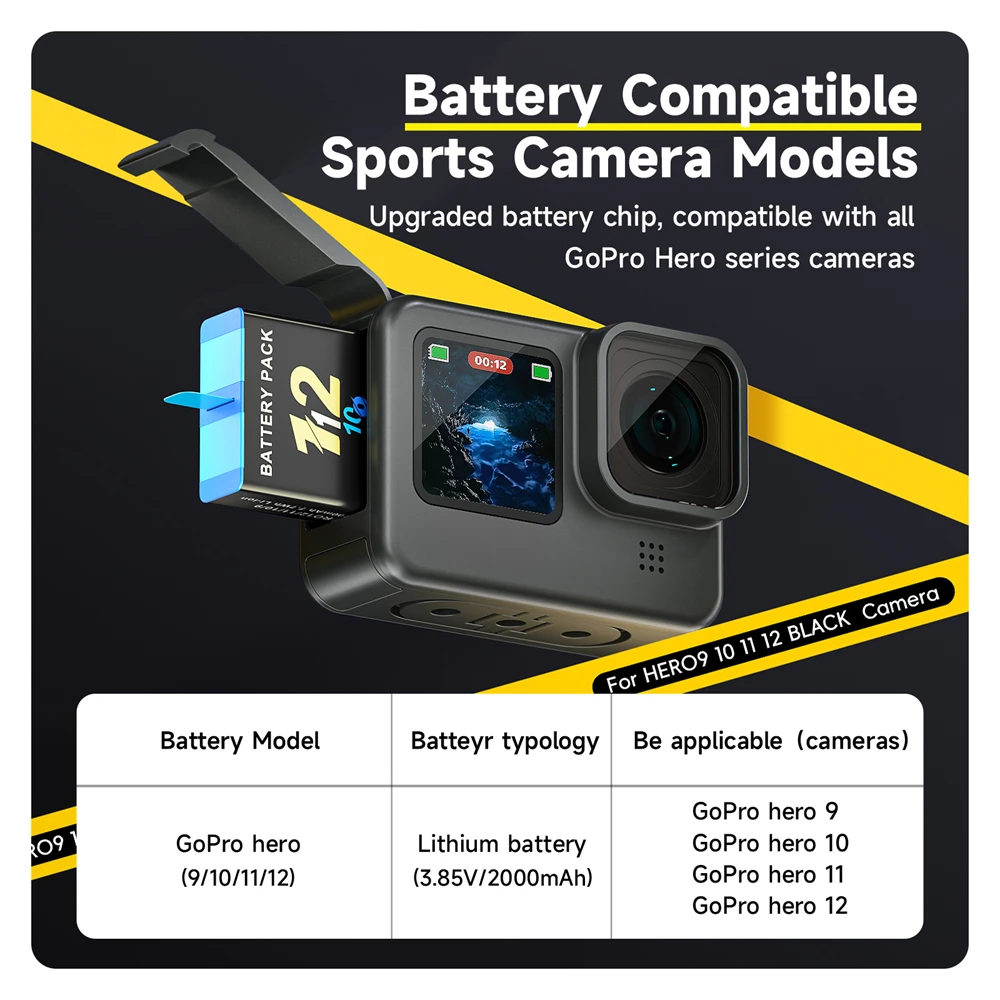 Battery for GoPro 12 11 + 3 Slots LCD USB Charging Charger for 2000mAh Go Pro Hero 10 9 Black Camera Bateria for Go Pro 12 11 10
