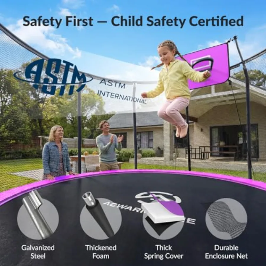 Outdoor 15FT trampoline with basketball hoop and LED lights for recreation purple steel frame with ASTM-approved safety net and
