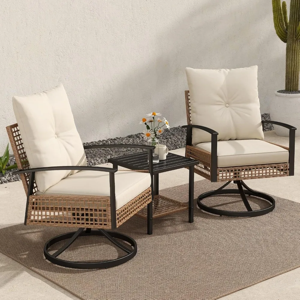 Outdoor Swivel Rocking Chairs Set of 2 with Side Table, Outdoor Bistro Set, Patio Rattan Rotation Chair with High Back