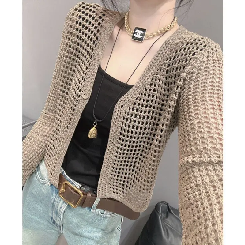 Summer New Hollow out Short Knitted Cardigan Women Loose Air Conditioning Shirt Long Sleeve Top Breathable V-Neck Button Design