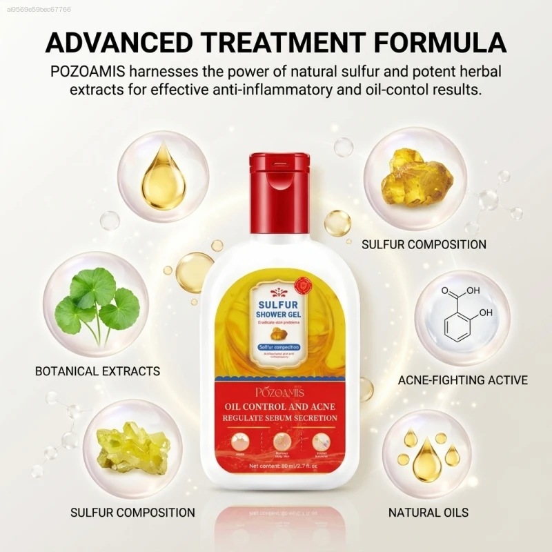 Refreshing Sulfur Shower Gel for Full Body Cleansing, Mild Formula to Purify Skin Surface, Balance Oil Secretion, Reduce The Look of Body Blemishes, Gently Buff Away Old Keratin, Leave Skin Fresh, Soft and Comfortable After Bath