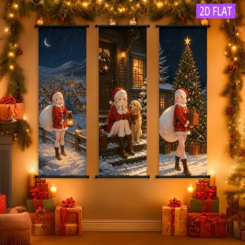VIKAMA 3PCS Christmas Wall Tapestry, Vintage Books Candles Lantern Scroll Banner for Xmas Reading Room Decor