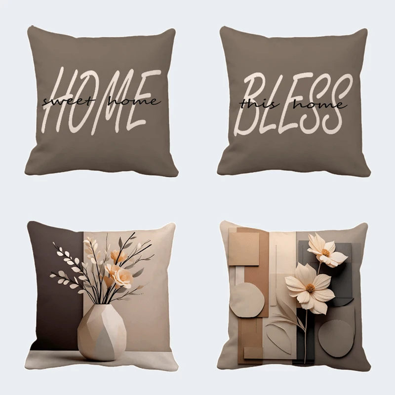 Neutral Tone Home Blessing Floral Pillow Covers Pattern Cushion Cover Suitable For Sofa Bedroom Car Pillow Cover