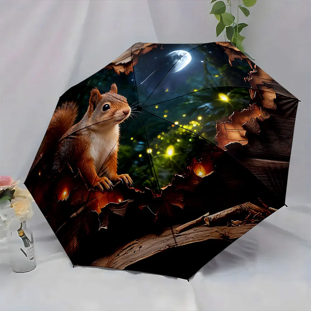1PC Enchanted Forest Umbrella: Squirrel and Moon Design Print 8 Iron Ribs Folding Umbrella Auto-Open Fashion Sunshade