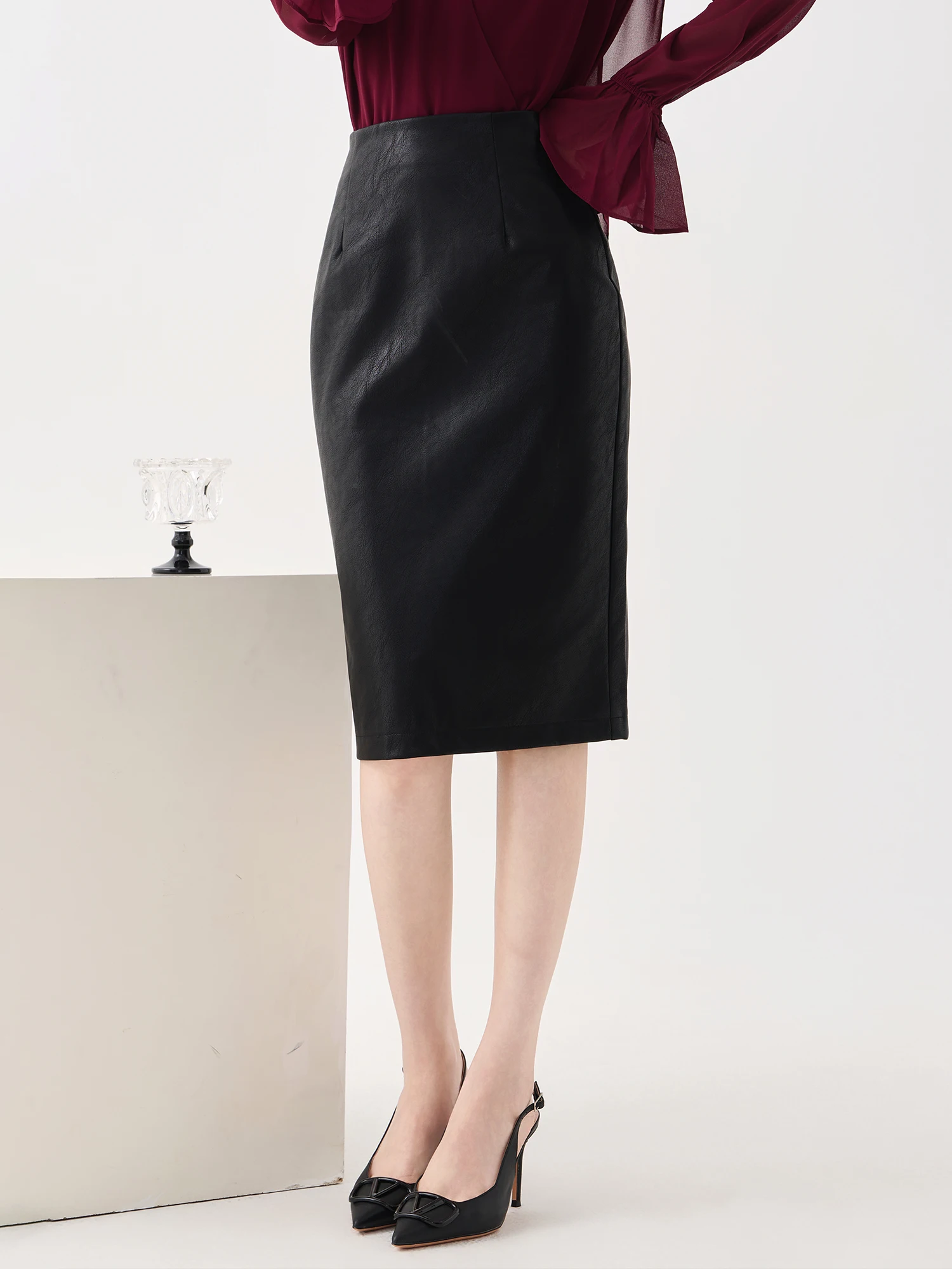 

High Waist Leather Skirt for Women Commute Sle Slim Fit mid Length Ci Commute Polyurethane Elastic Fiber Skirt