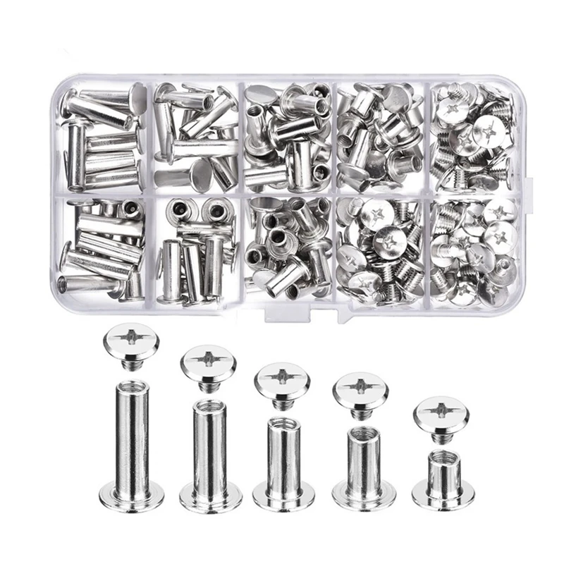 A98E-80 Sets Chicago Screws 5 Sizes 6 10 12 15 18Mm Binding Screws Studs Rivets,For Leather, Bookbinding, Album, DIY Crafts