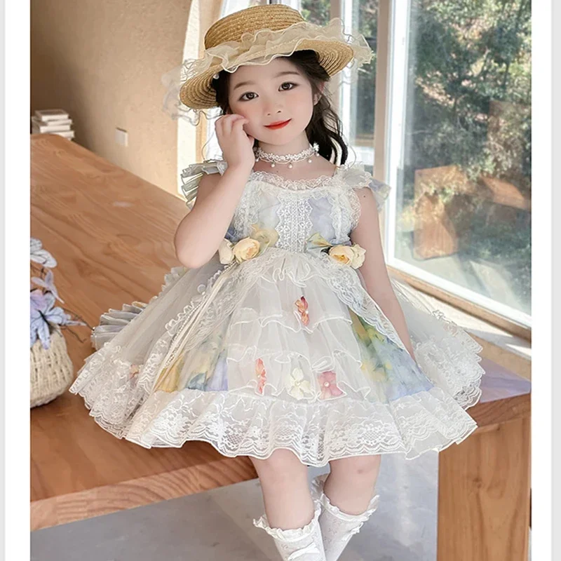 

Girls Party Dresses Baby Girls Spanish Lolita Bow Sleeveless Fairy Princess Ball Gown Children Birthday Party Perform Dresses