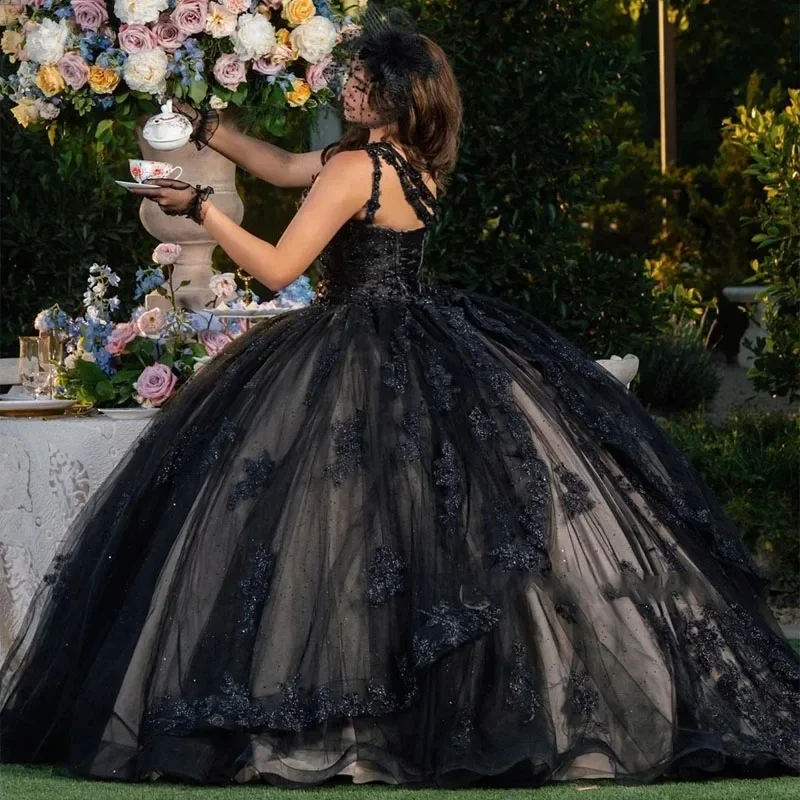 ANGELSBRIDEP-vestidos De Quinceañera De un hombro para niña, ropa De fiesta con Apliques De encaje y cuentas, color negro, De 15 Años