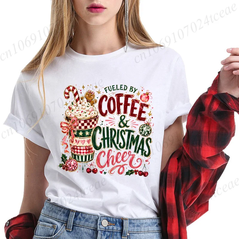 Fueled By Coffee and Christmas Cheer Design Women's T-Shirts Preppy Holiday Shirts Festive Shirt Graphic T-Shirts Xmas-Party Top
