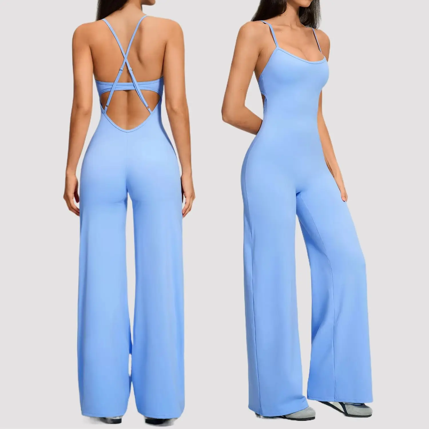 Women Yoga Jumpsuit Romper Bodysuit Fitness Set Running Workout Gym Wide Leg Backless Criss Cross Stretchy Push Up Sports Suit