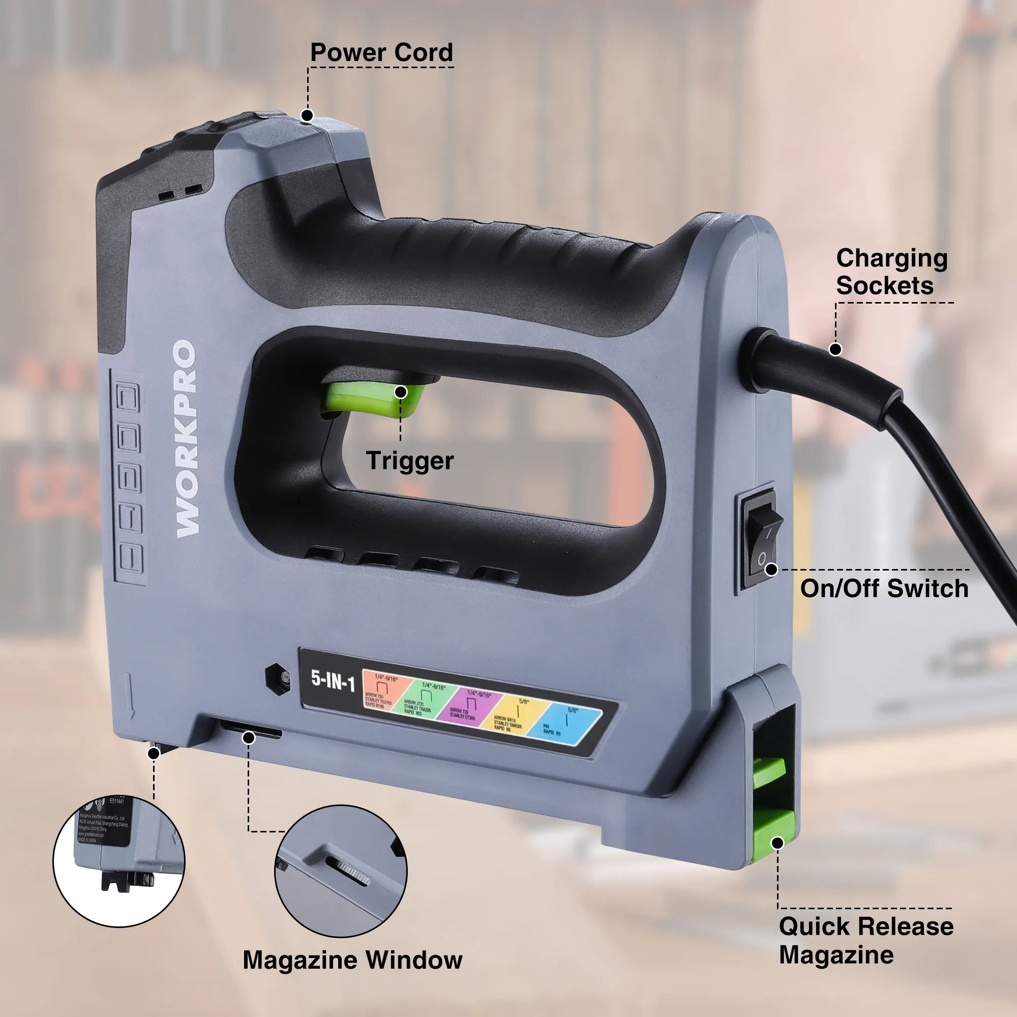 WORKPRO 3.6V 6 In1 Điện Bấm Kim Lithium-Ion Không Dây Nặng Súng Bắn Ghim Súng Bắn Đinh Cho Ngôi Nhà Trang Trí lần Trùng Tu Tăng Chiều Cao