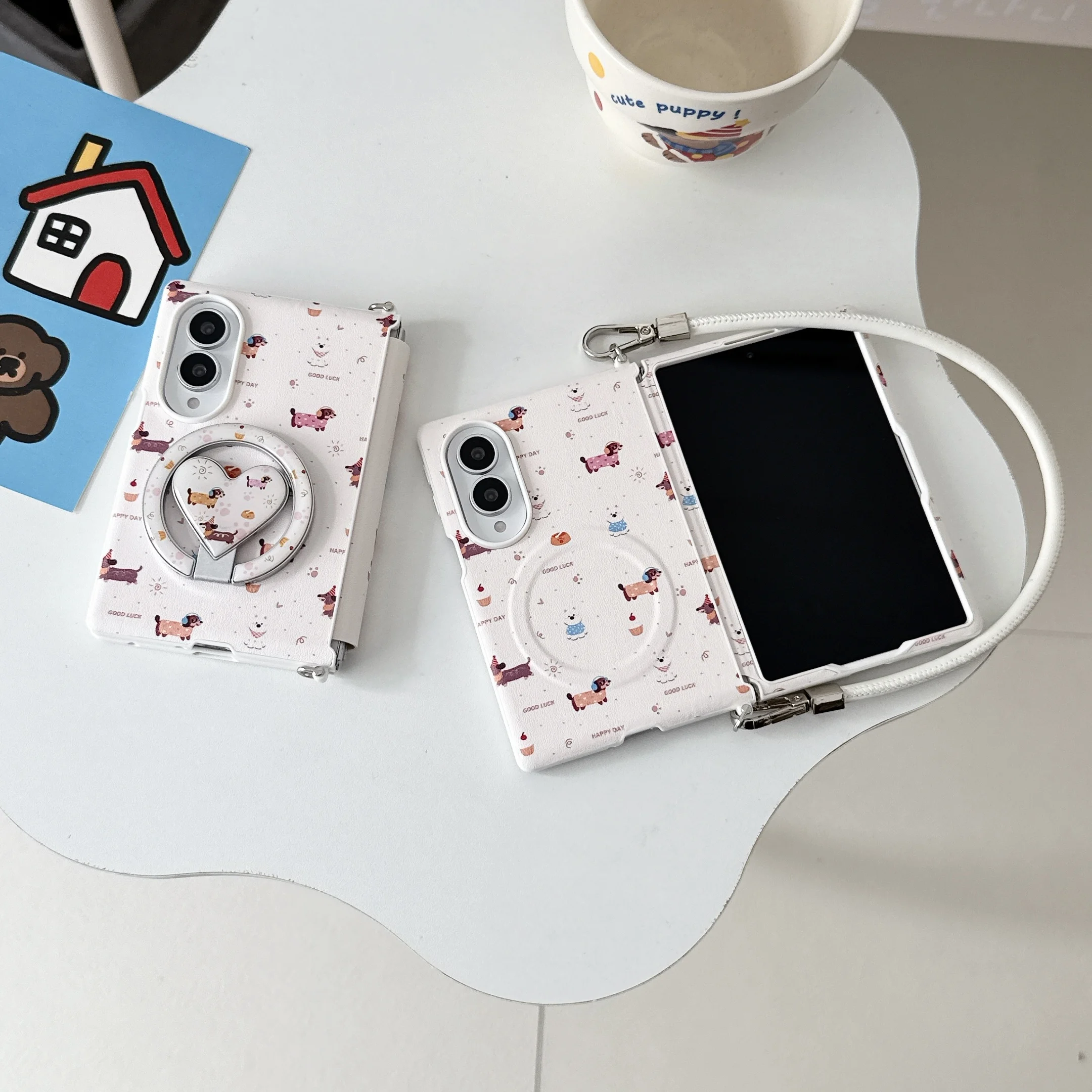 Cute Cartoon Puppy Dog Print Magnetic Stand Phone Case For Samsung Galaxy Z Fold8  Protective Cover With Wrist Strap for Magsafe