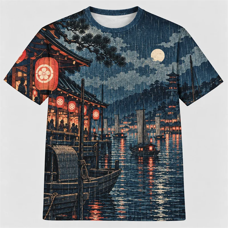 Japanese Ukiyo-e T Shirt Men Koi Maple Sunset Crane Blossom Fox Graphic Short Sleeve Vintage Art Streetwear Casual Fashion Top