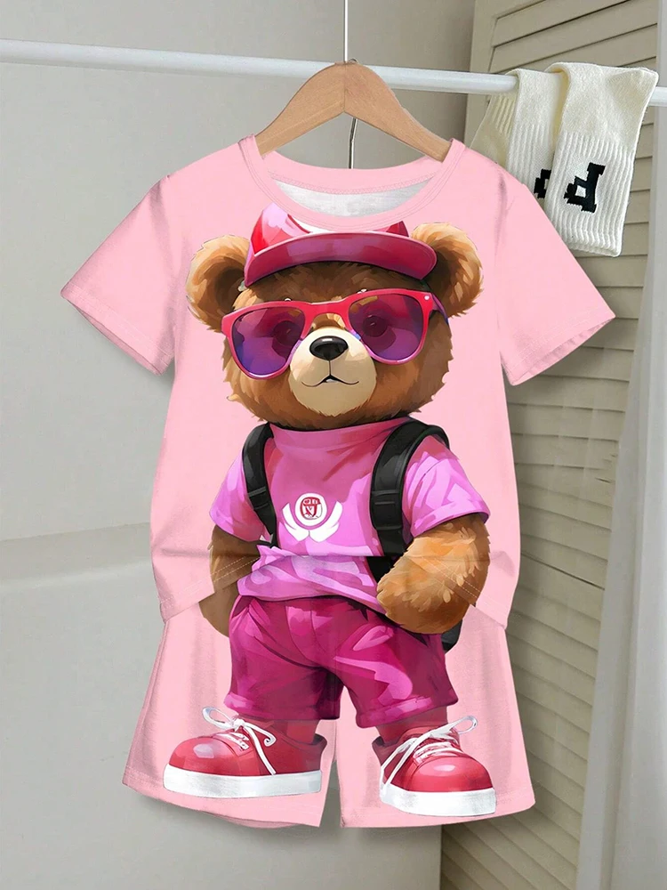 New Anime Trend Cool Bear Print Short Sleeve T-shirt Shorts Summer Men's Fashion Street Suit Heat Insulation Anti-wrinkle