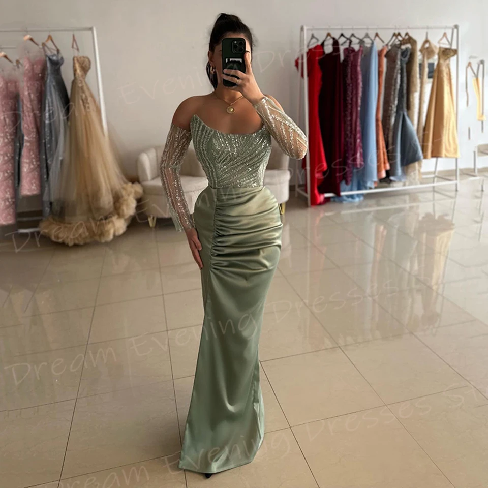 

Modern Classic Green Women's Mermaid Modest Evening Dresses Elegant Strapless Pleated Prom Gowns Sequined فساتين سهره شارون سعيد